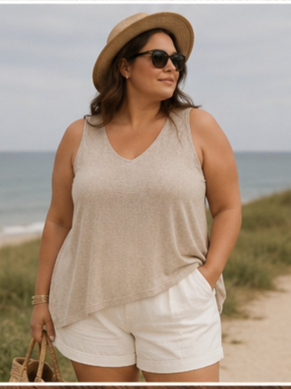 J. Jill Linen-Blend V-Neck Tunic Tank in Light Taupe - Picture 2 of 9